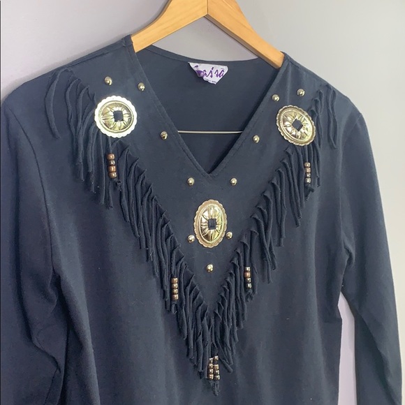 Vintage Fringe Black Southwest V-Neck Top Medium - Picture 2 of 8